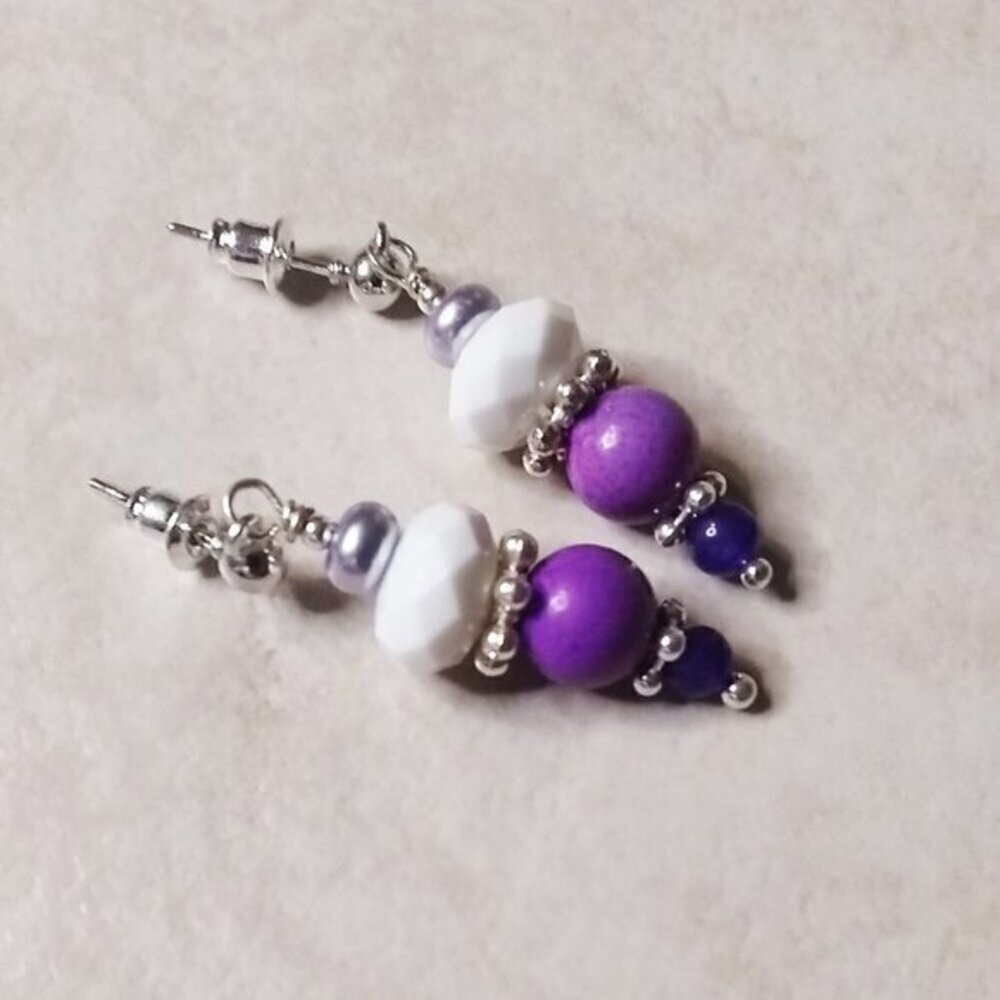 $10 Clearance! Everday Wear Dangle Earrings: Purple + White Beads